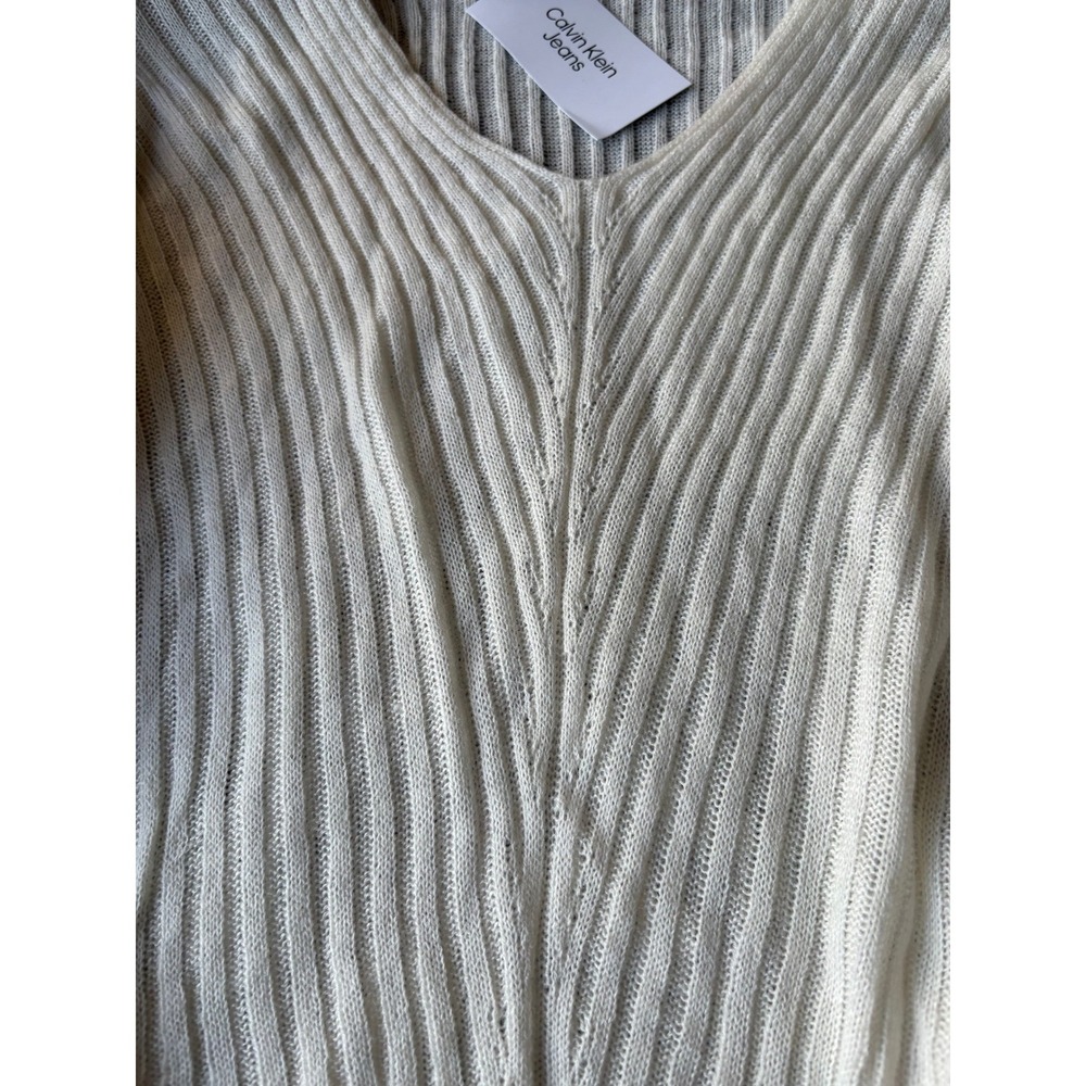 Calvin Klein Jeans Womens Ribbed V-Neck Sweater Cream Off White CK Logo NWT Smal - Picture 7 of 10